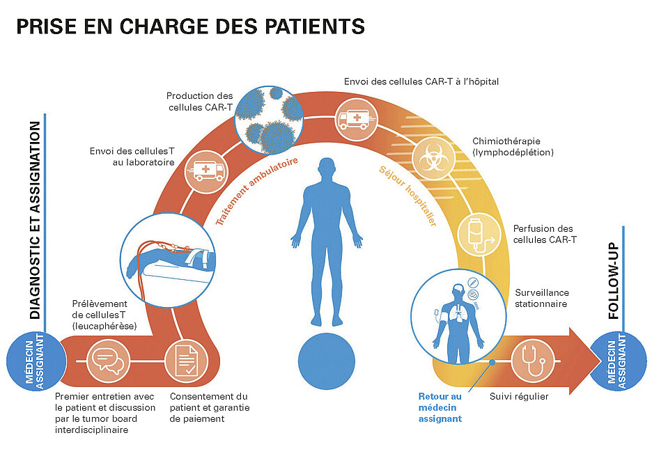 Figure 1: Déroulement de la thérapie par cellules CAR-T à partir du moment où l’indication est posée, en passant par l’information du patient et la production, jusqu’à son application. Graphique: Gilead-Kite